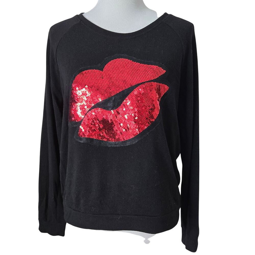 Stranded Jerry Leigh Sweatshirt Black Red Sequin Lips Kiss Women's Large